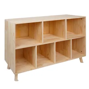 45.47*11.81*29.13 Inch Solid Pine Wood 7-Grid Storage Cabinet, Fixed Compartment Bookshelf Toy Display Rack, 120LBS Load Elevated Leg Home Office Organizer Shelf Easy Assembly