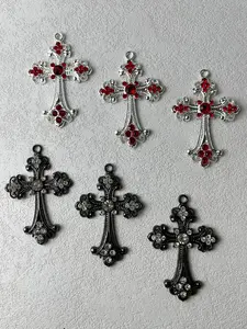 10Pcs Golden/ Black/ Silvery Cross Charms Bulk Easter Holiday Big Gothic Cross Charm Gold Rosary Large Alloy Rhinestone Crystal Center Crosses Dangle Charm for Jewelry Making Charms DIY Necklace Earring