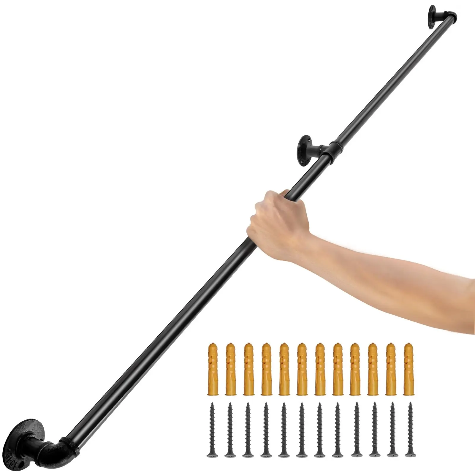 Pipe Stair Handrail, 5-Foot Length, 440 Lbs Load Capacity, Carbon Steel Pipe Handrail With Wall Mount Support, Industrial-Grade Pipe Handrail For Indoor And Outdoor Staircases, Round Corner Wall Railings
