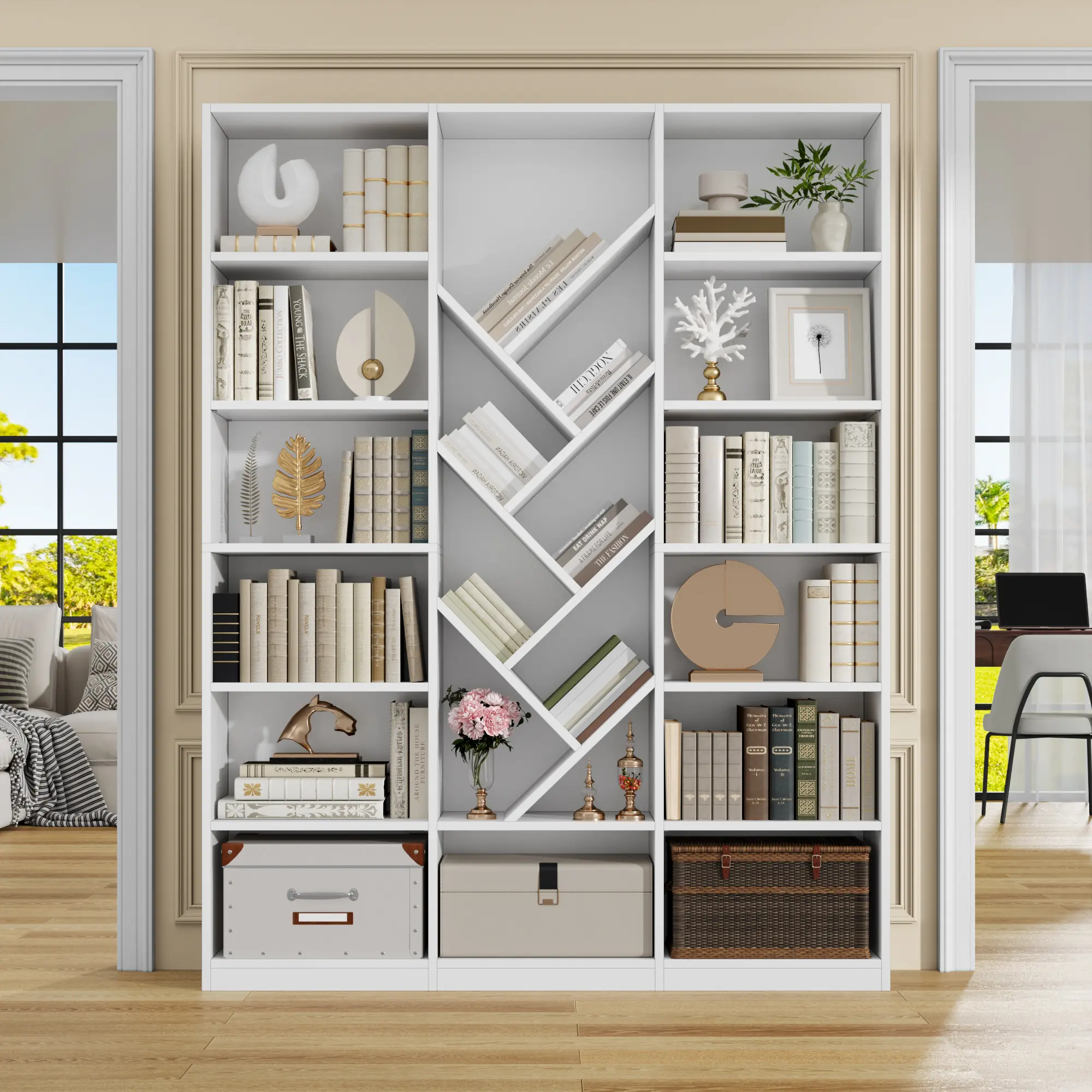 Semoic Industrial 71-Inch 6-Tier Durable Engineered Wood Bookshelf with Metal Frame, Freestanding Storage Display Organizer with 13 Roomy Compartments for Living Room