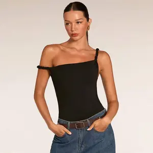 Women's Minimalist Black Asymmetrical Twisted Strap Slim Fit Bodysuit