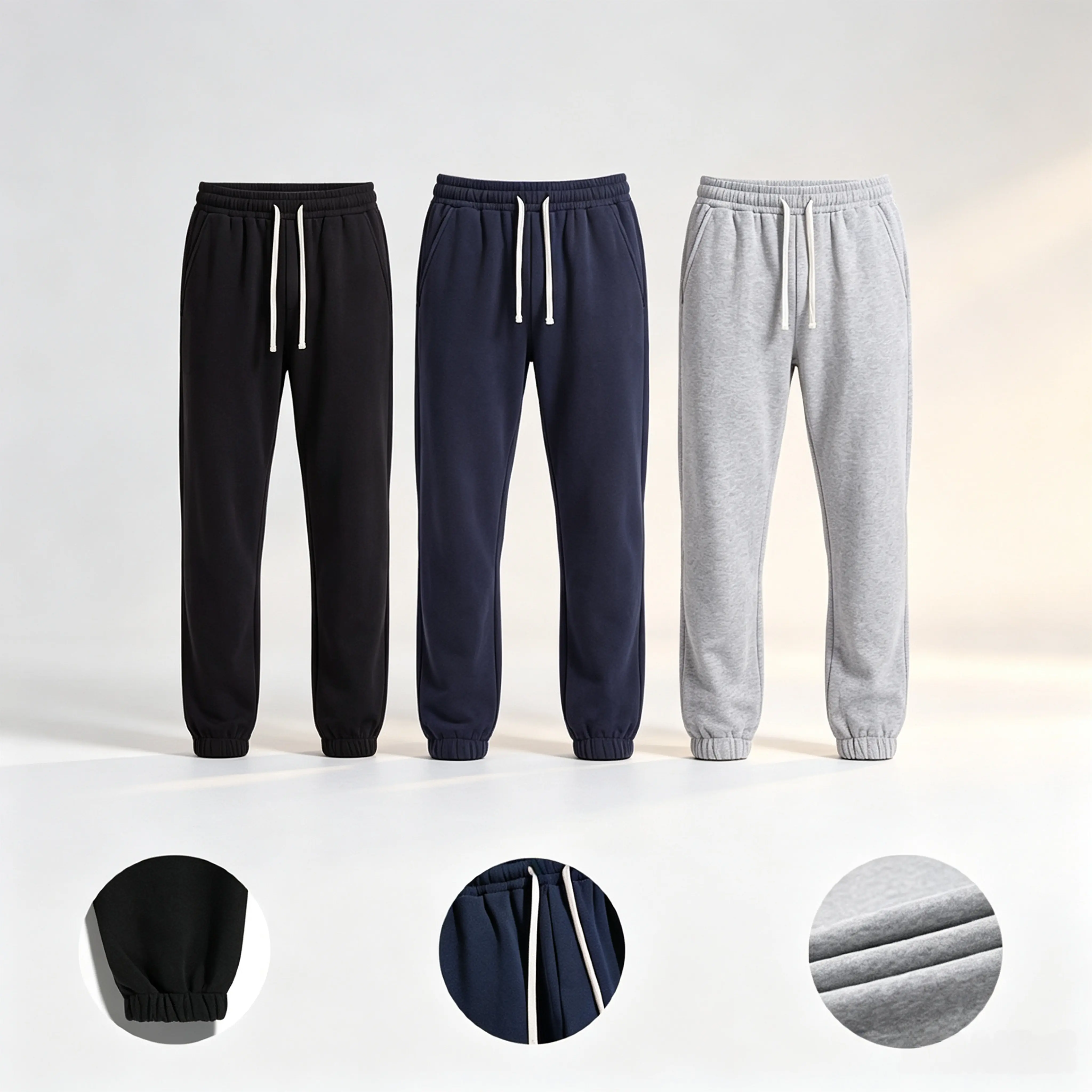 Men's Polyester Loose-Fit Mid-Waist Solid Color Contrast White Joggers - Drawstring Cuffs, Ribbed Hems, Elastic Waistband, Side Pockets, American Trendy Street Casual Style, for Everyday Commuting & Light Jogging
