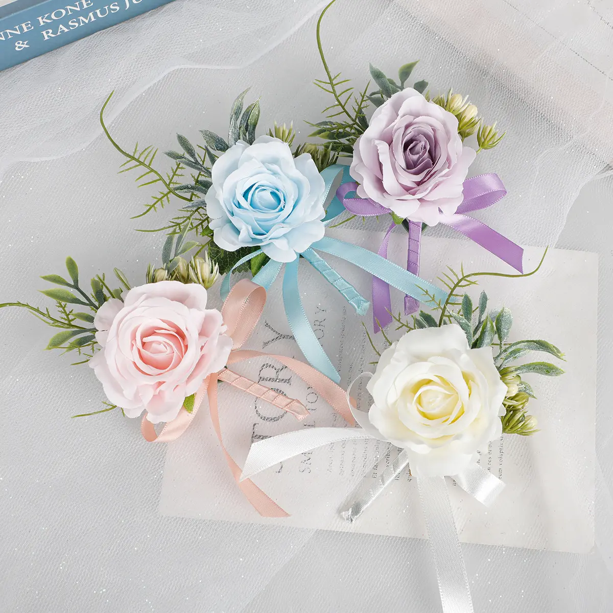 Ivory Rose Adjustable Wrist Corsage-Bracelet & Men’s Boutonniere Set with Pearl Bracelet, Decorative Flower Accessories for White Wedding, Anniversaries, Beach Parties Ceremony, Faux Silk Roses