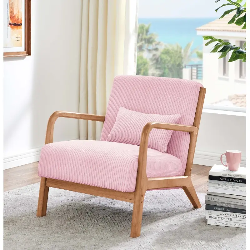 Nordhavn Chic Indoor Lounger with Solid Wood Frame, Ribbed Corduroy Fabric, Lumbar Cushion – Ideal for Modern, Minimalist Interiors with Scandinavian Sensibility, Warm Natural Finish