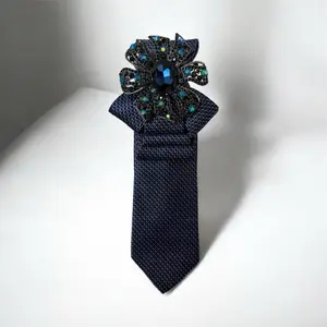 Dark Blue Women's Tie with Extra Large Brooch for Work or Play Elegant and Versatile Accessory