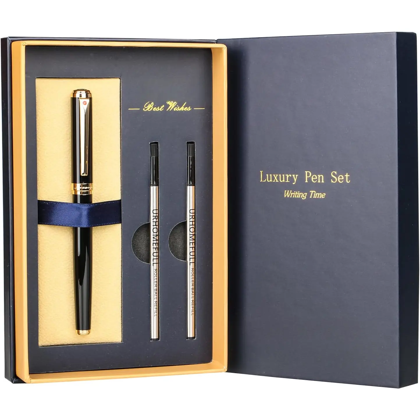Stunning Luxury Rollerball Pen with 24K  Trim,Switzerland Tip with Black Ink Refills,  BallPonit Pen  Set for Men Women, Fancy Writing Set for Business,Gloss Black