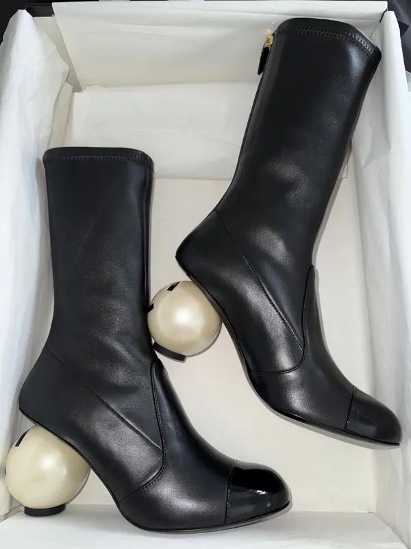 Chanel 25K Black White Pearl Ball Heel CC Logo Stretch Leather