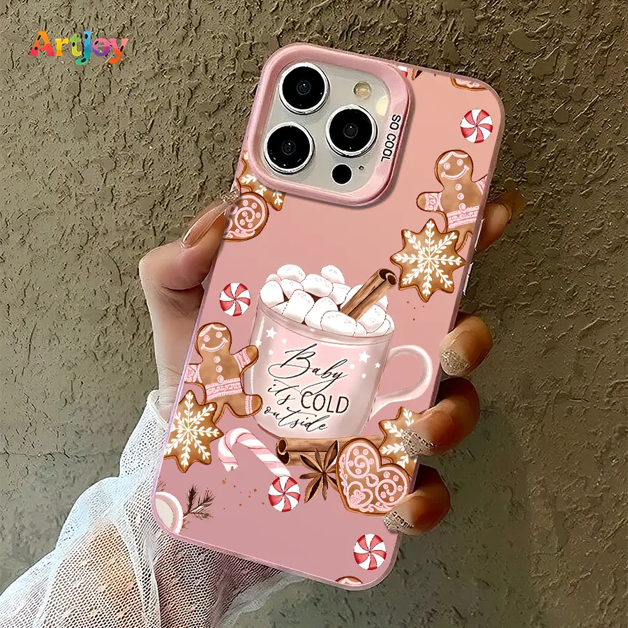 Shockproof Phone Case for iPhone 17 Pro Max, 16, 16 Plus, 15, 14, 13, 12 - Blush Pink Base with Hot Cocoa, Gingerbread Men, Candy Print, Trendy Versatile Protective Cover, Ideal Birthday, Holiday Gift, Soft Shell, Tpu