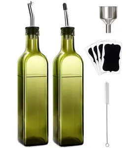 2 packs of 17-ounce glass olive oil dispenser bottle set - 500ml dark green oil and vinegar bottle (with oil outlet, funnel and label), suitable for kitchen, cooking, salad dressing making, barbecue and mixing.