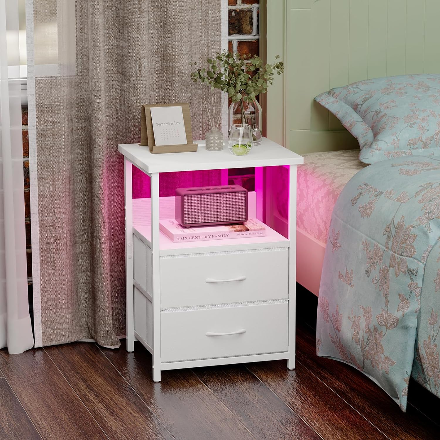 Night Stand with Charging Station, LED Nightstand with U-S-B Ports and Outlets, 2 Fabric Storage Drawers with PU Finish, Bed Side Table, White Night Stand with Charging Station, LED Nightstand with U-S-B Ports and Outlets, 2 Fabric Storage Drawers with PU Finish, Bed Side Table, White