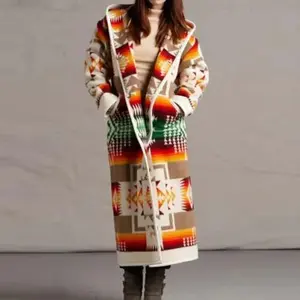 Womens  Fashion Ethnic Style Printed Hooded Long Coat Loose Outwear Match Colors Womenswear