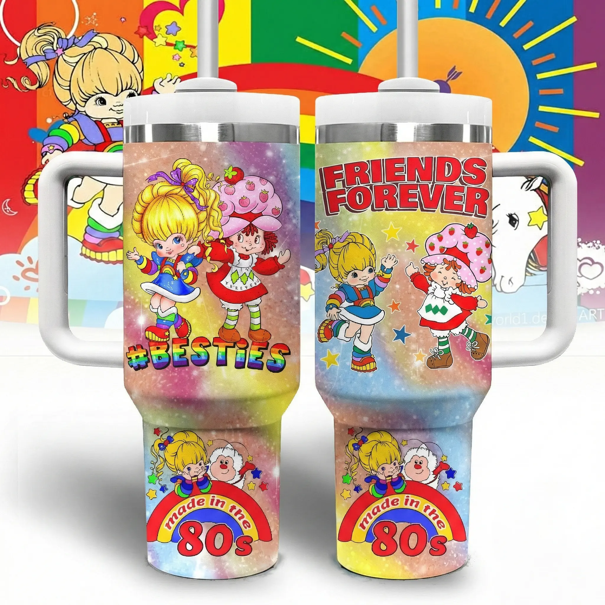 Strawberry & Rainbow Bestie Custom Cup 40 oz 20 oz Tumbler With Handle, Ideal Gifts, Gifts for her