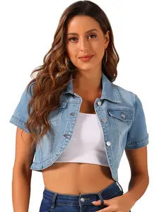 INSPIRE CHIC Turndown Collar Short Sleeves Streetwear Y2K Crop Jean Denim Jacket