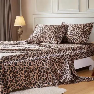 Satin with Elastic Corner Straps, Queen Size, 4 Silky with 15 Inches Deep Pocket for Mattress (Queen, Brown Leopard)