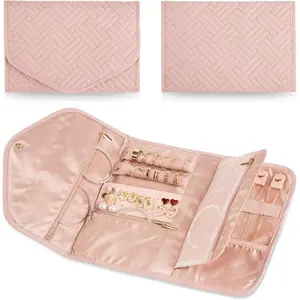 Travel Jewelry Organizer Bag Anti-Tangle Foldable Small Jewelry Roll Travel Case Accessory for Necklaces, Earrings, Rings, Bracelets, Watches, Pink