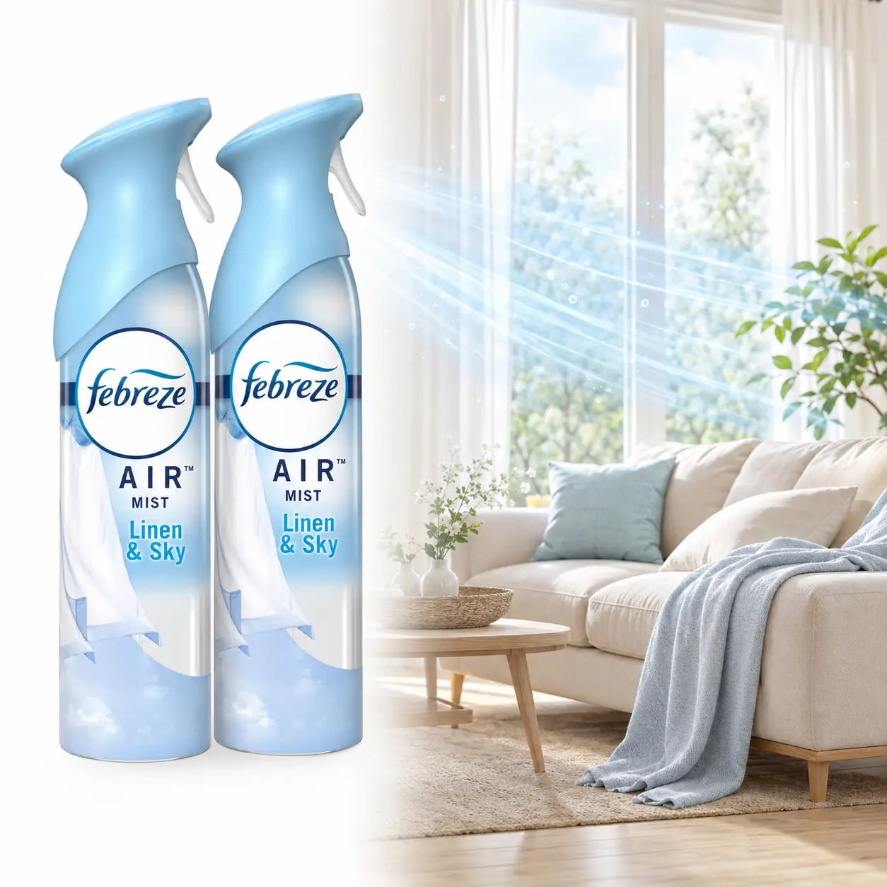 Febreze Air Freshener Spray Odor-Fighting Room Spray Linen & Sky 8.8oz,odor fighter,Air Mist,Linen & Sky scent,light fresh scent,100% natural propellant,sweeping spray,bathrooms,kitchens,offices,laundry room,home freshness,stink,awkward odors,daily use,RV