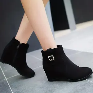 Women'sWedgeAnkleBoots,HeightIncreasingBuckleStrapSideZipperShoes,ComfortMicroShortBootsPlatformGirlCasualFootwearRubberInsolecowgirlbootsBlackcowboyboots