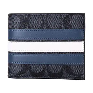 COACH 3-in-1 Wallet for Men – Canvas and Leather, Monogram Black/Blue-White Stripe