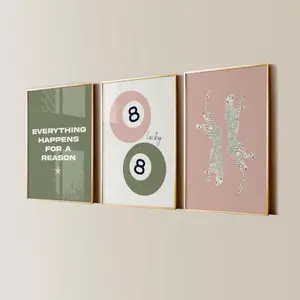 Retro 8 Ball Lucky Girl Poster, Leopard Sage Green Pink Aesthetic, Trendy Apartment Decor, Y2K Living Room Gallery Wall Art Set of 3 Prints
