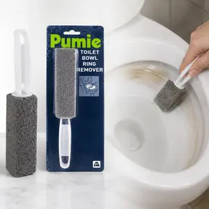 Pumie Toilet Bowl Ring Remover, pumice cleaning stick with handle, erases toilet rings, stubborn stains, hard water buildup, rust, lime, gentle abrasive, chemical-free, odor-free, non-toxic, safe for hands, porcelain bowls, curved surfaces, bathroom