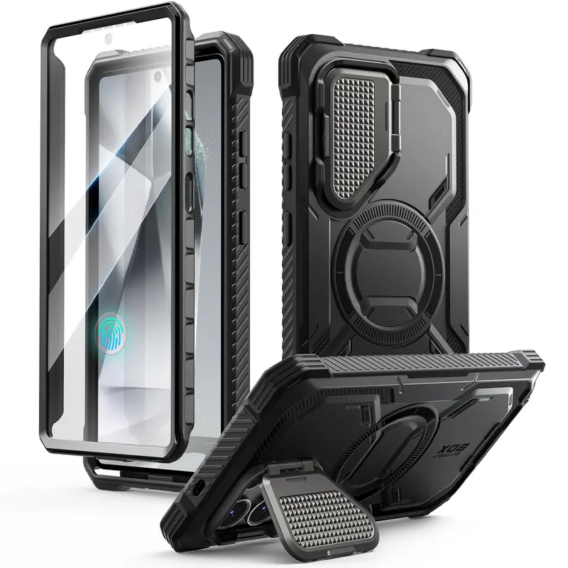i-Blason Shockproof Cellphone Casing with Integrated Stand, 360 Full-Body Protection, Screen Protector, MagSafe, Camera Cover, Magnetic Fingerprint Support - Wireless Charger Compatible Accessory for Samsung Galaxy S26/S25/S24 Series