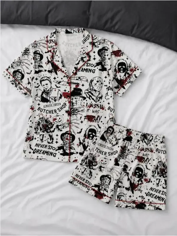 Horror Movie Pajama Set for Women, Halloween Sleepwear, Soft Button Down Short Sleeve Top & Shorts Loungewear, Cozy Nightwear Gift