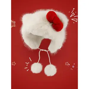 Cute Cat Ear Design Pom Pom Decor Plush Hat, New Style Bowknot Design Warm Hat for Fall & Winter, Fashion Accessories for Women & Girls, Animal Hats