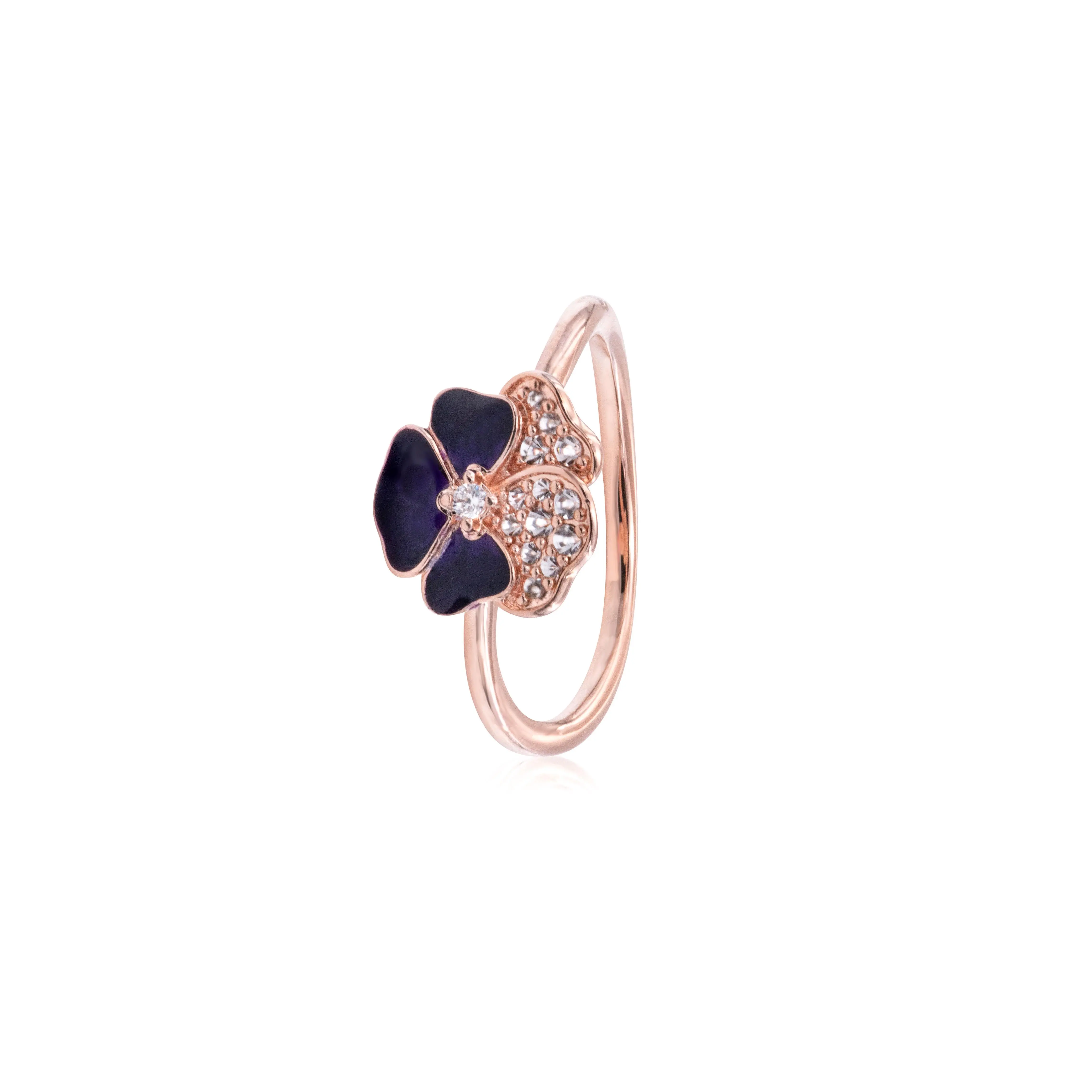 PANDORA Deep Purple Pansy Flower Statement 925 Real Silver Rings for Women, 14-Karat Rose Gold-Plated with Hand-Painted Enamel and Pave Petals