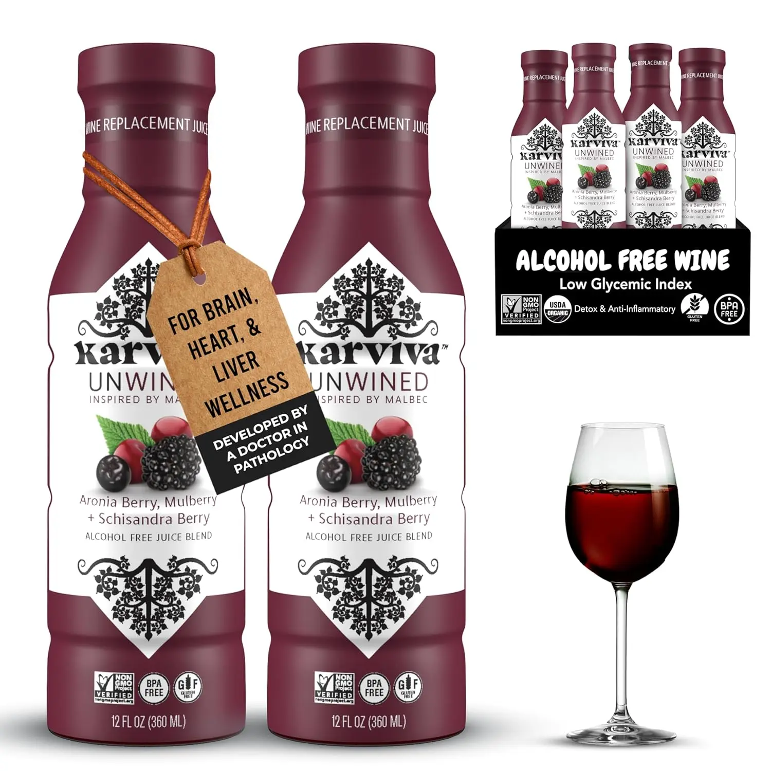 Karviva Unwined Organic Alcohol-Free Natural Fruit Beverage - Sulfite-Free, Award-Winning Taste, Rosé & Malbec Inspired, Low Sugar Berry Juice - 1-Pack/3-Pack/5-Pack/7-Pack