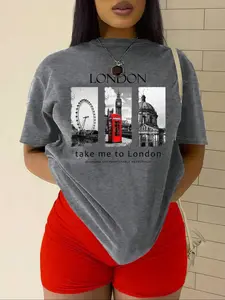 Women's London City Print Round Neck Tee, Casual Shoulder Short Sleeve T-shirt for Daily Wear, Ladies Sleepwear for All Seasons, Top