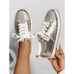 Women’s Shiny Rhinestone Sneakers, Fashionable Flat Casual Shoes, Comfortable Multi-Functional Lace-Up Flats, Plus Size Available