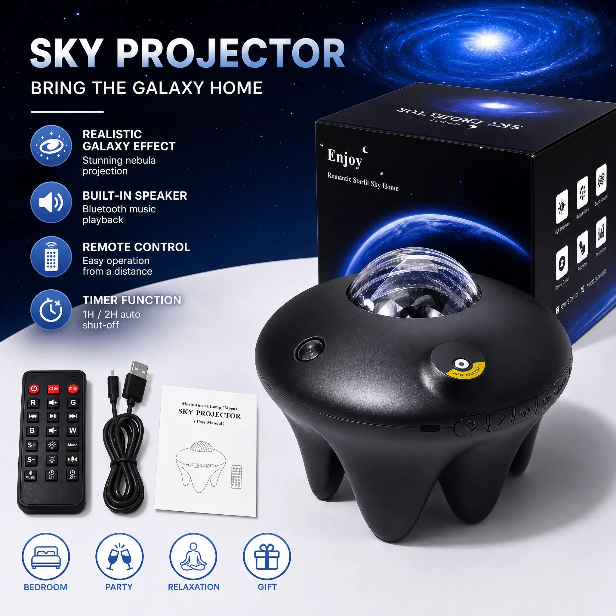 Northern Galaxy Light AuroraSummer saleProjector with 33 Light Effects, Audio NightLights LED Star Projector for Bedroom NebulaLamp, Remote Control, White Noises,Bluetooth Speaker for Parties Black WhiteSpace