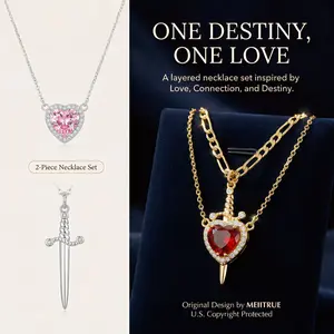 MEIITRUE 14K Gold Plated Heart Pendant Necklace for Women & Men Zirconia Dagger Cross Layer Necklace Matching Jewelry for Couples