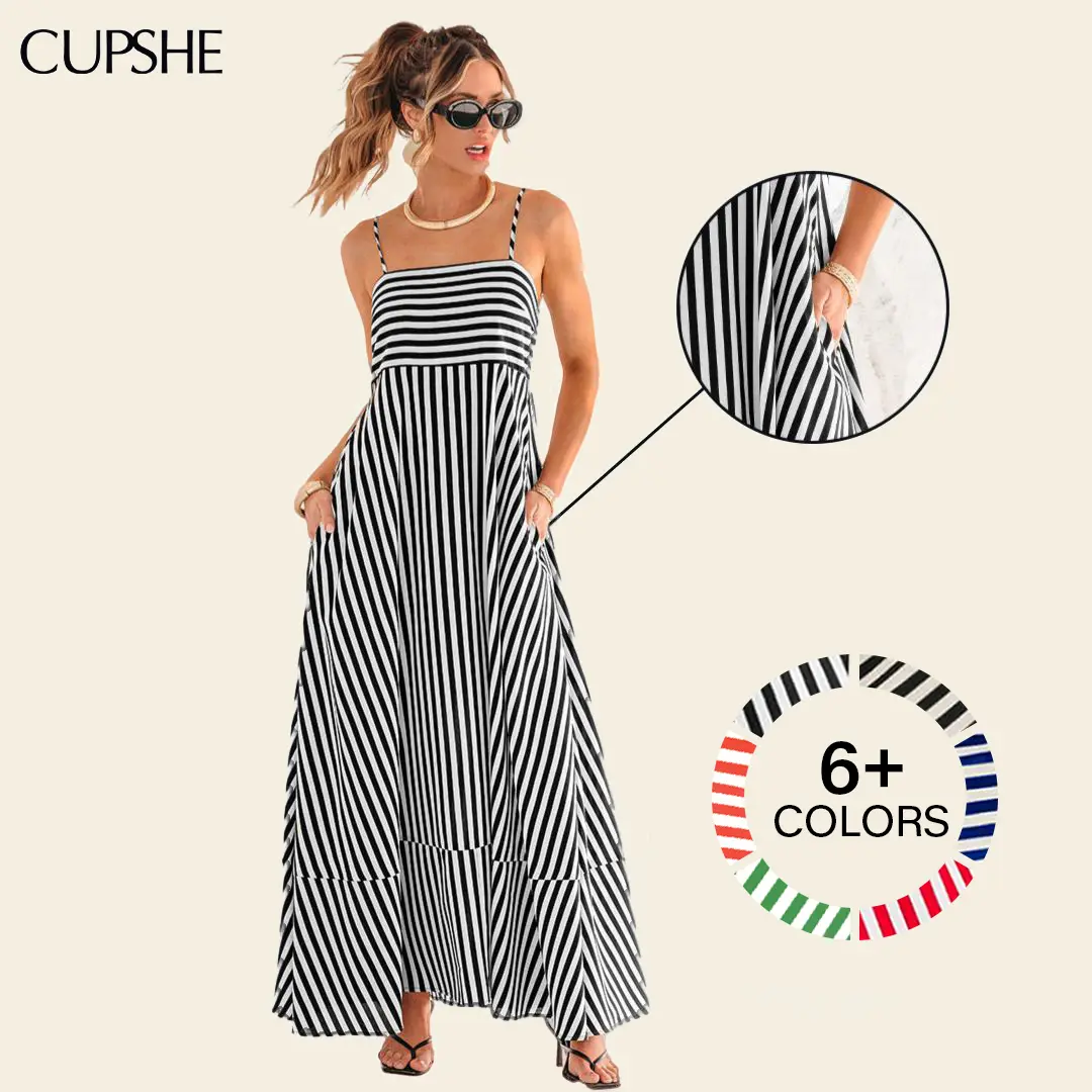 CUPSHE Waist Striped Maxi Dress: Viral Flattering Square Neck Sundress for  Beach Vacation & Resort Wear (Size XS-XXL) Boho Ruffle Hem  #Tiktokshopstockup Summervibes - TikTok Shop