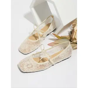Women's embroidered lace mesh ballet flat shoes, elegant square toe flat shoes suitable for parties, daily clothing decoration, lightweight, breathable and comfortable women's and girls' shoes, wedding shoes