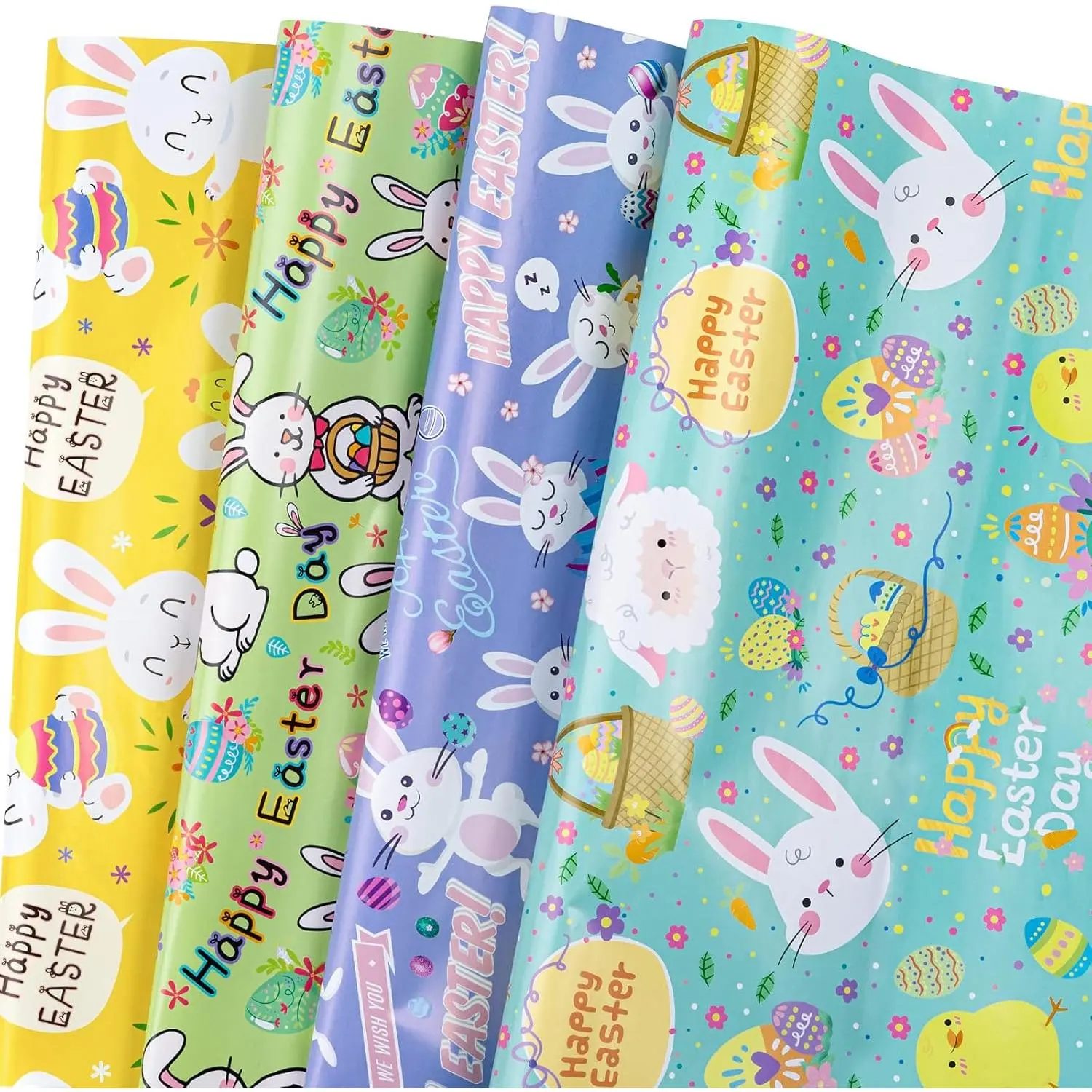 Happy Easter Wrapping Paper Sheet, Easter Bunny, Egg, Blooming Spring  & Lamb Design for , Boys, Girls, 27.5 x 19.6 inches Per Sheet
