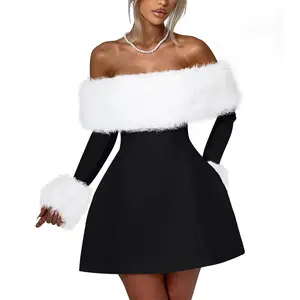 OYS Women's Off Shoulder Long Sleeve Fur Trim A-Line Party Club Mini Dress