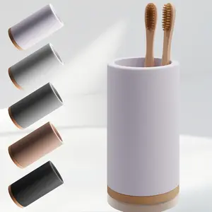 Bamboo Diatomite Toothbrush Holder Organizer - Water-Absorbent Quick-Drying Storage Stand with Removable Base & Drain Holes for Small Bathroom Counter, Off White