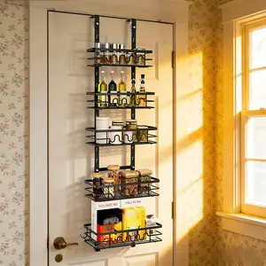 5 Tier Metal over the Door Pantry Organizer,2-in-1 Wall Mount & Hanging Spice Rack,Pantry Door Organizer with Adjustable Height Basket,for Kitchen Cabinet,Bedroom Closet,Bathroom
