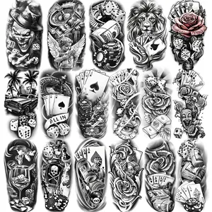 77 Sheets Temporary Tattoos, 17 Sheets Half Arm Lion Clown Flower Skeleton Car Flower Heart Poker for Adults Shoulder Neck, 60 Sheets Tiny Fake Tattoo Sticker for Teen Men Women Art