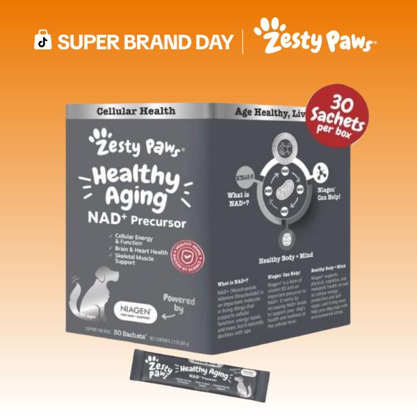 Zesty Paws Healthy Aging Supplement Powder, NAD+ Precursor Cellular Metabolic Heart Brain and Skeletal Muscle Support for Dogs - 30 Sachets