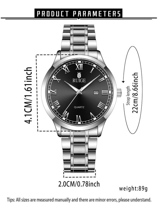 Men's Business Fashion Round Dial Analog Quartz Watch, Stainless Steel Luminous Waterproof Quartz Watch, Classic Fashion Watch with Calendar, Trendy All-match & Exquisite Watch for Birthday Gift with Box, Stainless Steel Watches