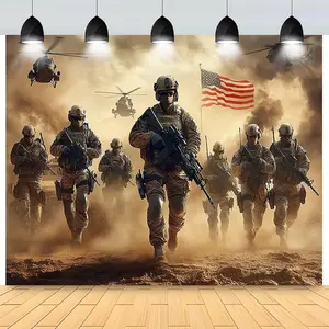 1PC,2D Flat Backdrop American Military Theme Backdrop, Showcasing US Soldiers' Battlefield Style, Creating a Realistic Combat Atmosphere, Suitable for Parties, Theme Events, Helping to Create a Stu