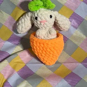 Crocheted Bunny Carrot Pop Up Soft Plush Toy with Green Top and Orange Carrot Base, Perfect for Easter Baskets