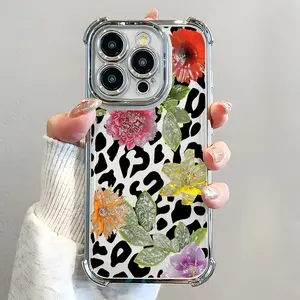 Leopard-Pattern Phone Case, Electroplated Cover with Airbag Shockproof Slim Soft TPU Cover for iPhone 11 12 13 14 15 16 Pro Max Plus Girl Women Floral