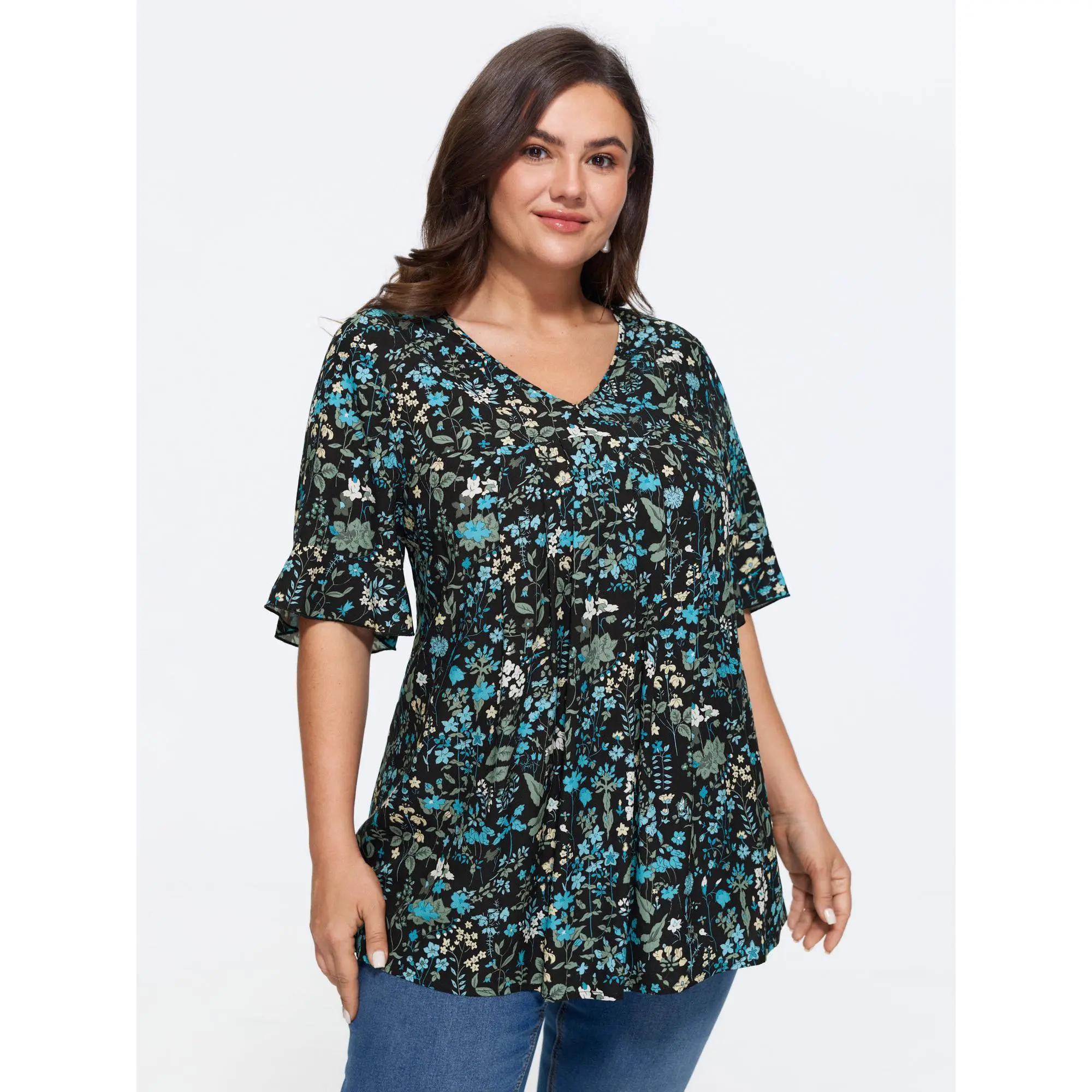 BloomChic Plus Size Ditsy Floral V-Neck Blouse, Timeless Short Ruffle Sleeve Rayon Top for Summer Vacation, Garment, Shortsleeve, Fabric, Tops
