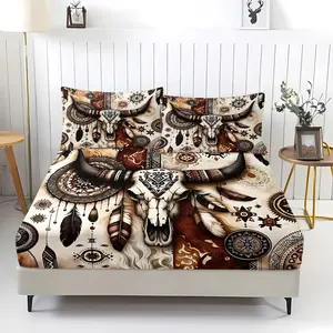 3Pcs Western Bull Skull Boho Fitted Sheet Set, Southwestern Aztec Tribal Dreamcatcher Feather Pattern Digital Print Bedding Set, Soft Microfiber Fabric, Vintage Cow Skull Bedroom Decor for Adult Men Women Bedroom, Includes 2 Pillowcases, No Pillow Core.