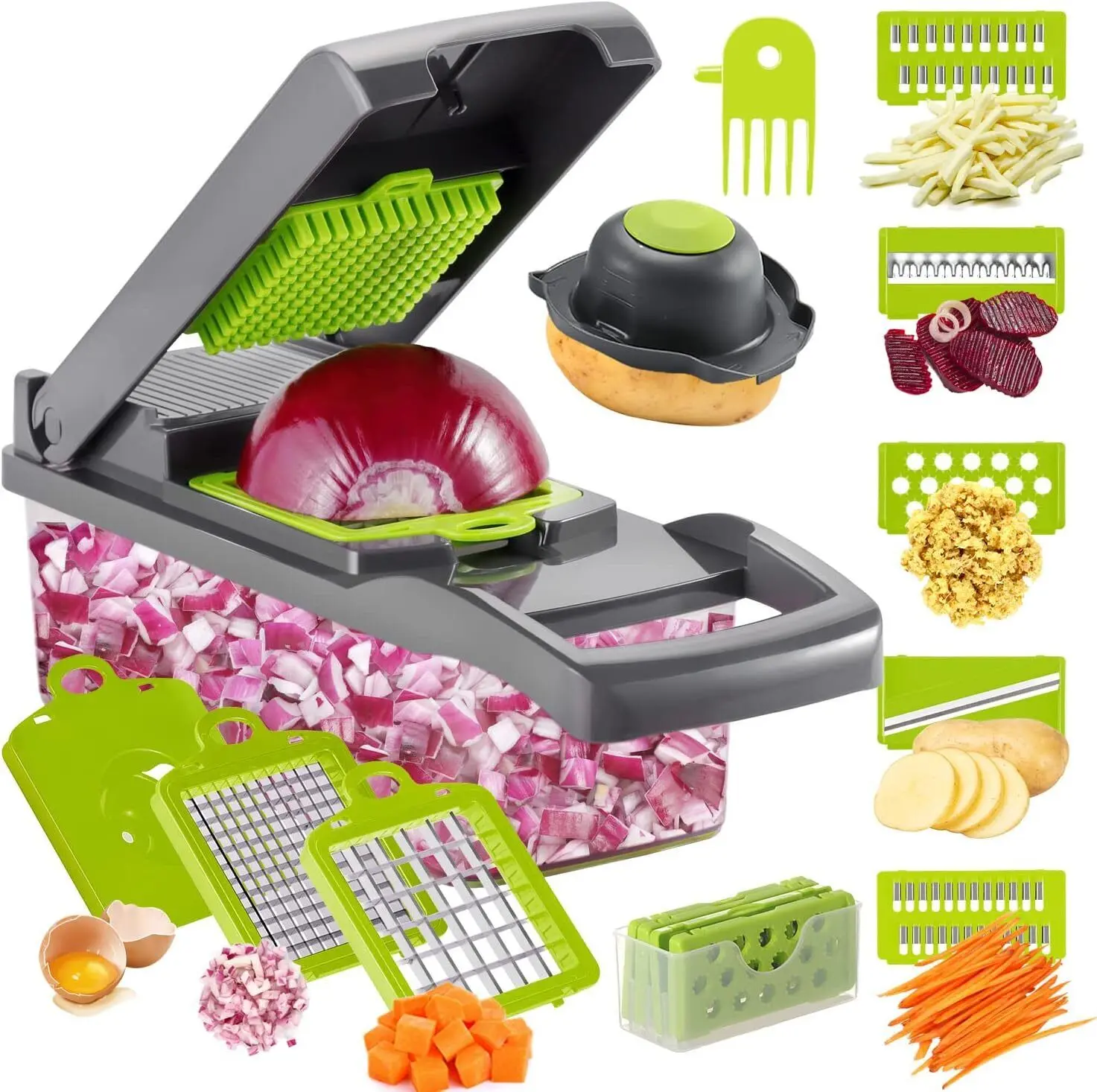 【BackToSchool】14-in-1 Kitchen Utensils Vegetable Chopper - Time-and Labor-Saving Pro Onion Cutter, Vegetable Cutting Slicer, Multifunctional Veggie Dicer with Container for Salad, Potato, Carrot