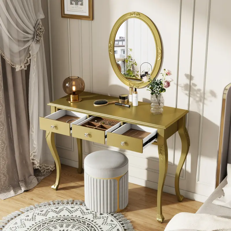 Luxury Makeup Vanity Desk with Oval Mirror, 3-Drawer Dressing Table for Jewelry Storage, Elegant Console Table for Entryway, Living Room & Bedroom, Stylish Home Decor