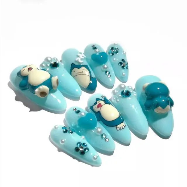 Snorlax P.P0kemon Press On Nails, Aqua Blue Kawaii Anime Inspired Handmade Nail Set, Sleepy Character Bubble Pearl Rhinestone 3D False Nails with Free Adhesive Tabs, Nail File & Cuticle Stick
